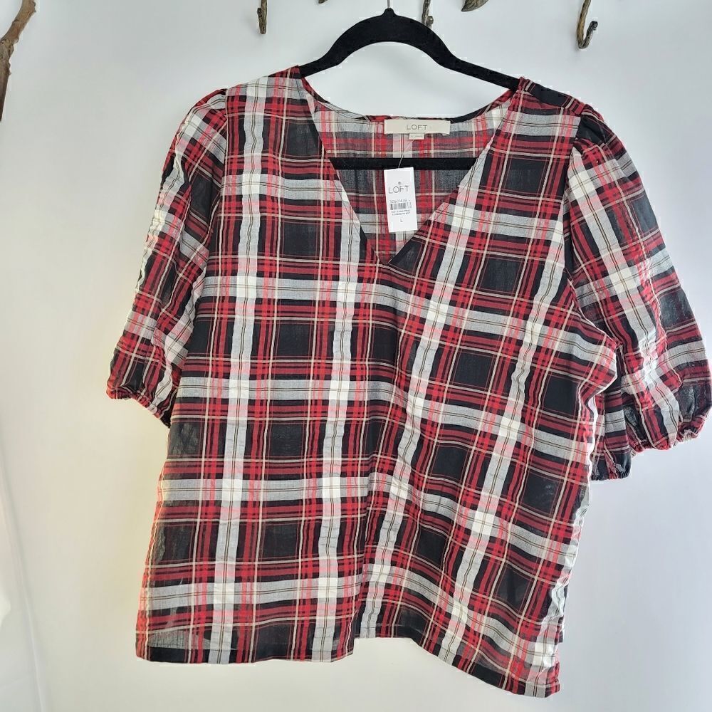 Loft plaid peasant style blouse red black